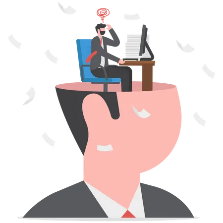 Overwhelmed frustrated businessman working hard on his busy head  Illustration