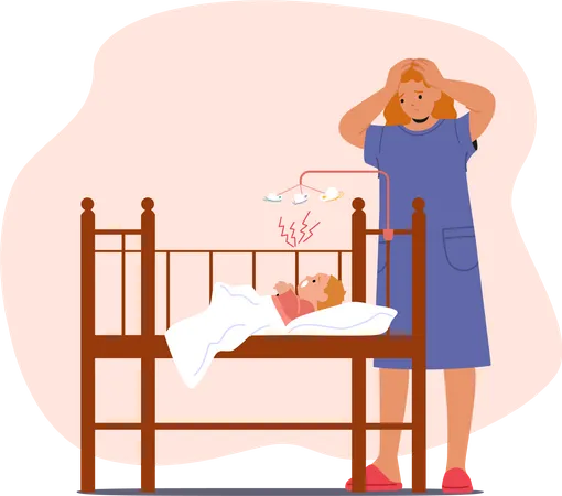 Overwhelmed Mother With Postpartum Depression Trying To Soothe Her Crying Baby In The Crib  Illustration