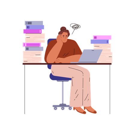 Overwhelmed office worker sitting at a desk cluttered with stacks of books and files  Illustration