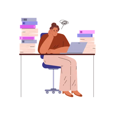 Overwhelmed office worker sitting at a desk cluttered with stacks of books and files  Illustration