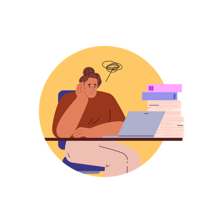 Overwhelmed office worker sitting at a desk cluttered with stacks of books and files  Illustration