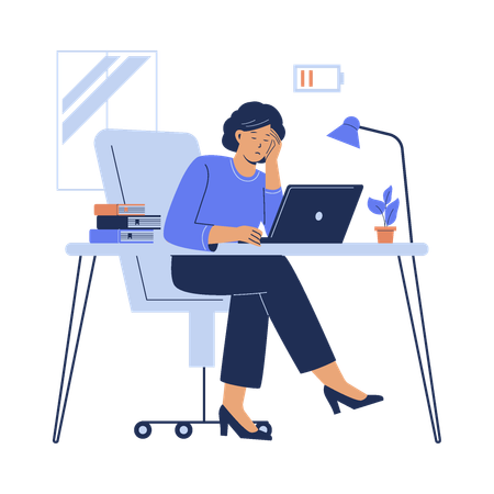 Overwhelmed woman on laptop while working  Illustration