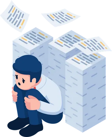 Flat 3 D Isometric Sad Businessman Sitting And Hugging His Knees With Stack Of Documents Overworked And Burnout Concept Illustration
