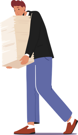 Overworked Businessman Carry Huge Steak of Documents Folders  Illustration