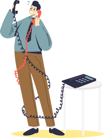 Overworked Businessman Having Two Phone Conversation Office Slavery Concept Business Manager Mussed In Telephone Wires Flat Vector Illustration Illustration
