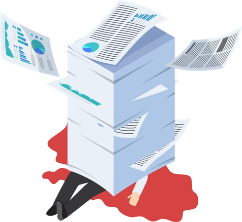 Overworked businessman under the stack of paper, hard working concept  Illustration