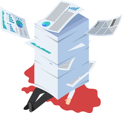 Overworked businessman under the stack of paper, hard working concept  Illustration