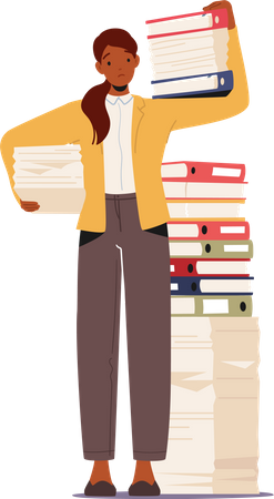 Overworked Businesswoman Carry Huge Steak of Documents and Folders Illustration