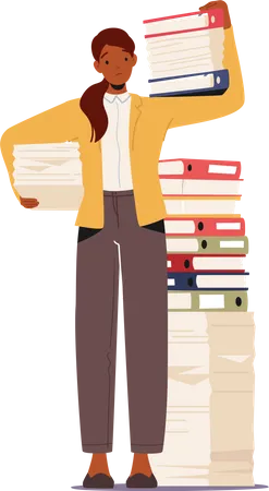 Overworked Businesswoman Carry Huge Steak of Documents and Folders  Illustration