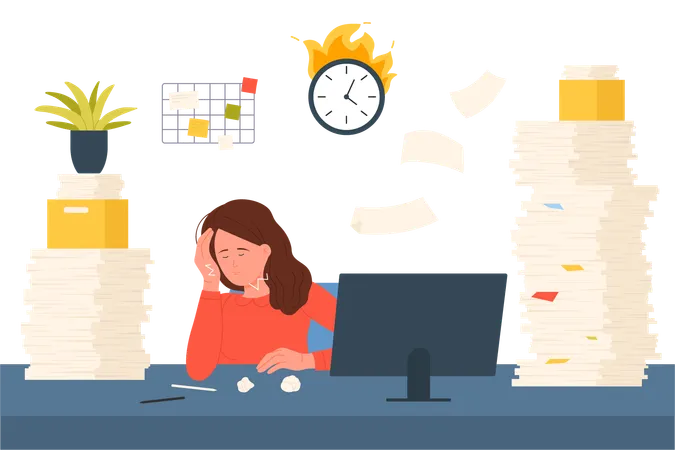 Bureaucracy Problem Of Employees Overwork Vector Illustration Cartoon Scene Of Office Workplace With Frustrated Tired Businesswoman Working Hard Sitting At Desk With Paper Documents And Folders Illustration