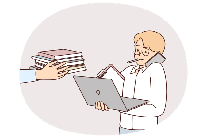 Overworked man needs personal assistant and time management that increases productivity  Illustration