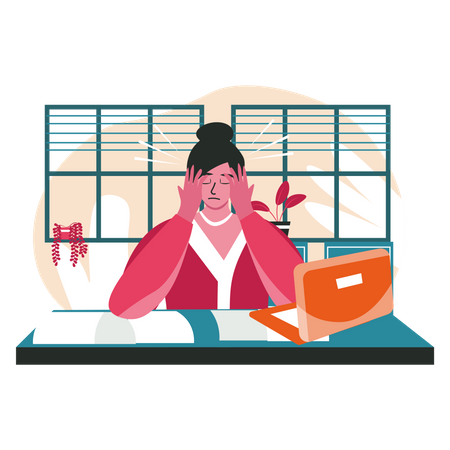 Overworked woman with headache sits at desk Illustration