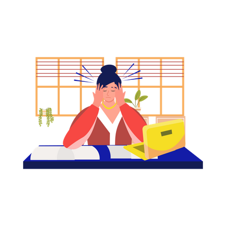 Overworked woman with headache sits at desk  Illustration