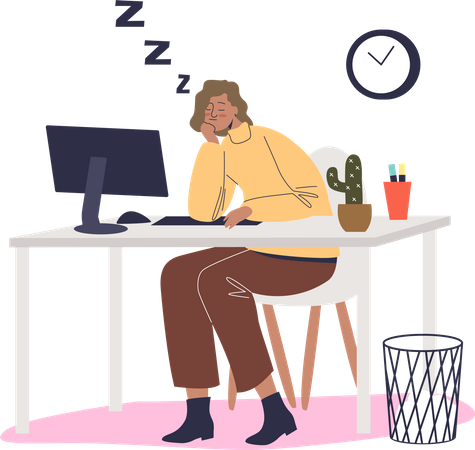 Overworked worker female employee sleeping at workplace Illustration