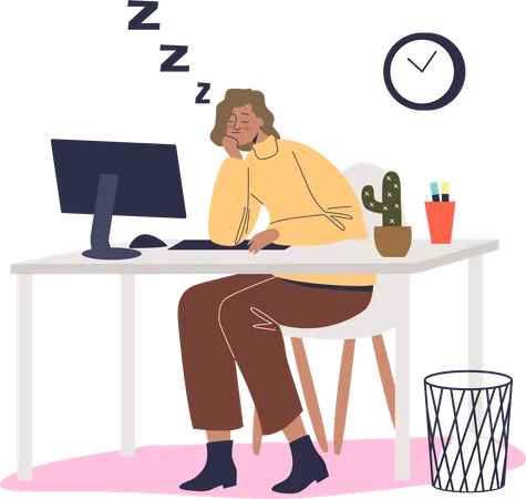 Tired Woman Burnout Working At Computer Sit At Office Desk Overworked Worker Female Sleep At Workplace Overload And Procrastination Concept Cartoon Flat Vector Illustration イラスト
