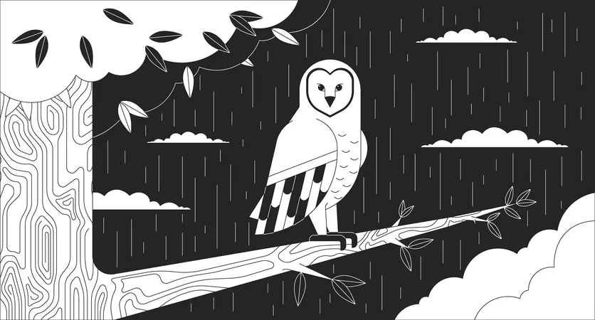 Owl sitting on tree branch in night rainy  Illustration