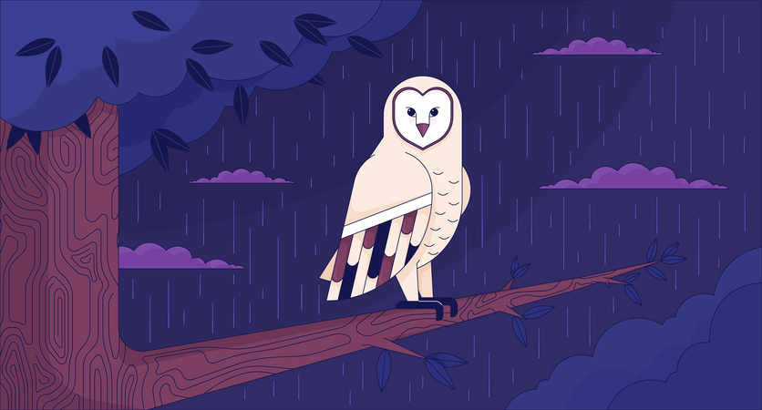 Owl sitting on tree branch in night rainy  Illustration