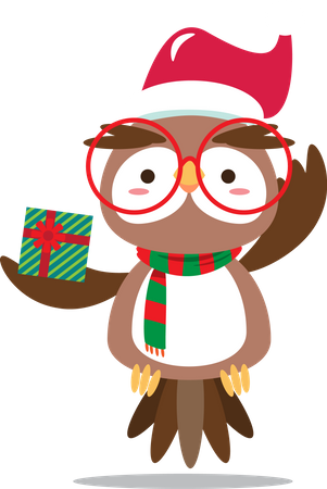 Owl with hand holding gift wearing Santa hat  Illustration