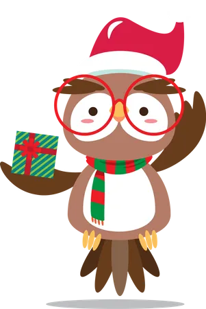 Owl with hand holding gift wearing Santa hat  Illustration