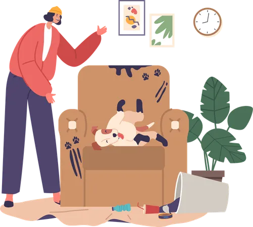 Owner Character Shocked With Dog Wreaks Havoc At Home Funny Pup Lying On Sofa With Dirty Paws Relentless Mess Making Behavioral Problems Demand Attention And Training Cartoon Vector Illustration Illustration