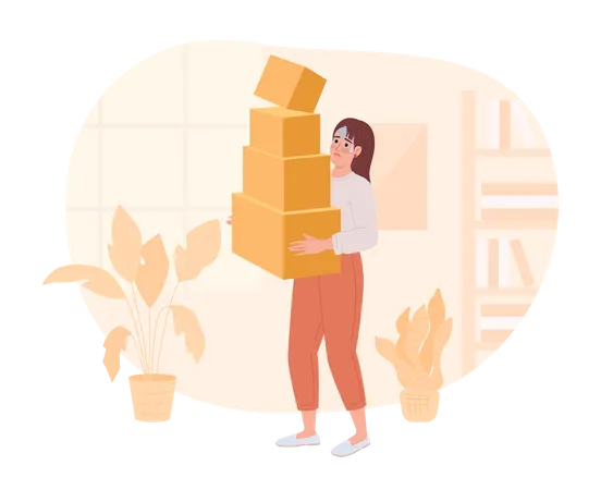 Owning Lot Of Useless Stuff 2 D Vector Isolated Spot Illustration Young Woman Holding Large Boxes Pile Flat Character On Cartoon Background Colorful Editable Scene For Mobile Website Magazine Illustration