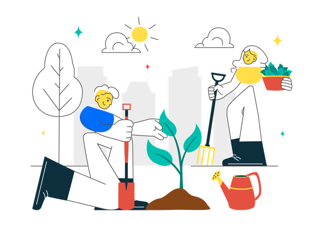 Paar bei der Gartenarbeit im Freien  Illustration