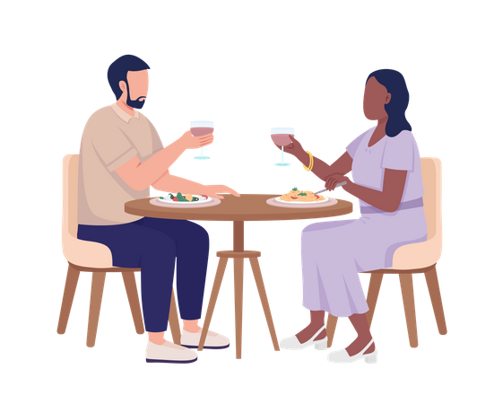 Paar bei einem Date, trinkt Wein und isst Mahlzeiten  Illustration
