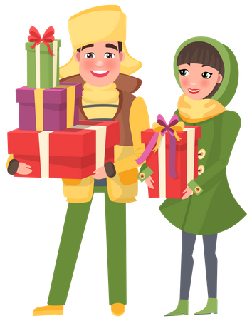 Paar hält Weihnachtsgeschenke einkaufen  Illustration