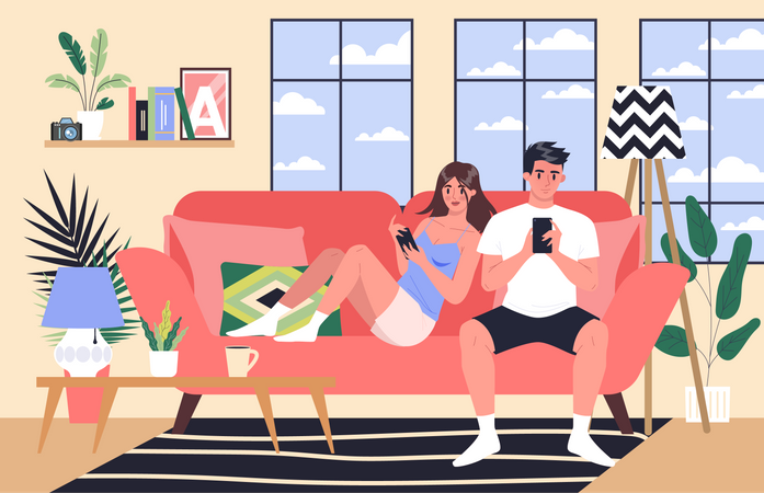 Paar sitzt zusammen und benutzt Smartphone  Illustration