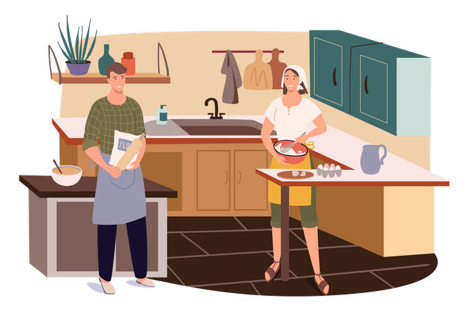 Paar bereitet Abendessen vor  Illustration