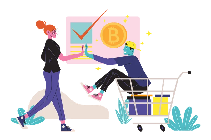 Paar bezahlt Einkauf mit Bitcoin  Illustration