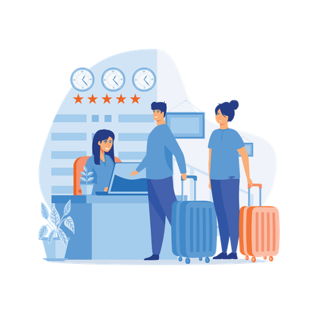 Paar checkt für seinen Urlaub in einem Luxushotel ein  Illustration