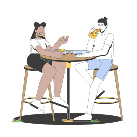 Paar der Generation Z teilt Pizza an einem Tisch im Freien  Illustration