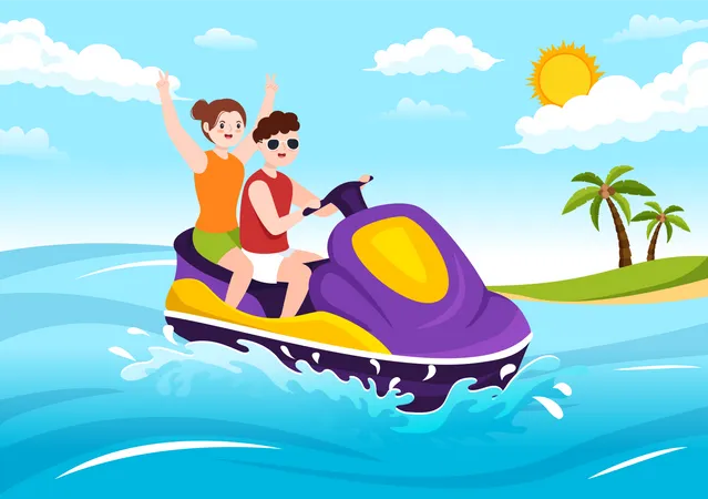 Bananenboot Und Jetski Urlaub Auf Dem Meer Spielen Vorlage Fur Strandaktivitaten Handgezeichnete Cartoon Flachbildillustration Illustration