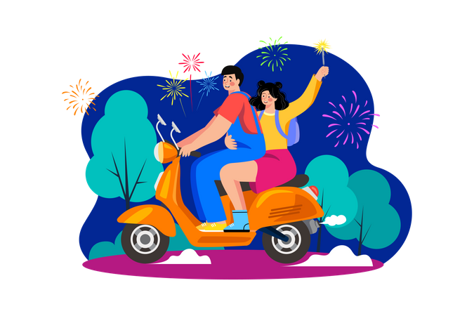 Paar fahren Roller am Neujahrstag  Illustration