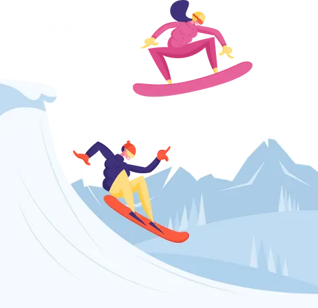 Paar fährt zusammen Ski  Illustration