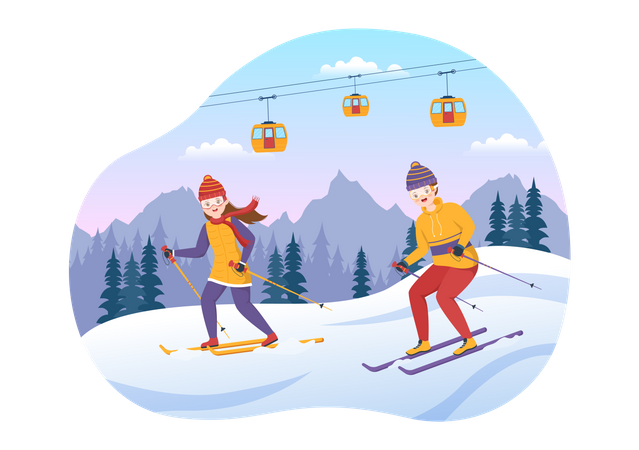 Paar fährt zusammen Ski  Illustration