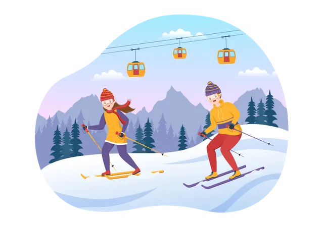 Paar fährt zusammen Ski  Illustration