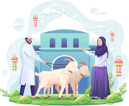 Paar feiert Eid al-Adha, indem es zwei Ziegen für das Qurban spendet  Illustration