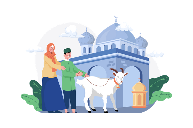 Paar feiert Eid al-Adha, indem es zwei Ziegen für das Qurban spendet  Illustration