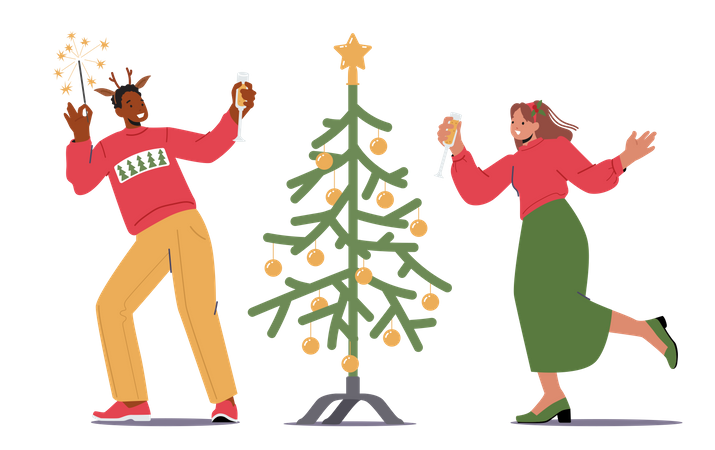 Paar feiert Weihnachten und Neujahr zu Hause  Illustration