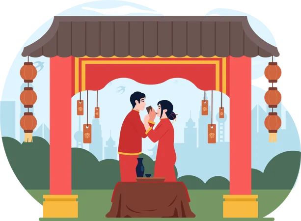 Paar empfindet romantische Gefühle am chinesischen Neujahr  Illustration