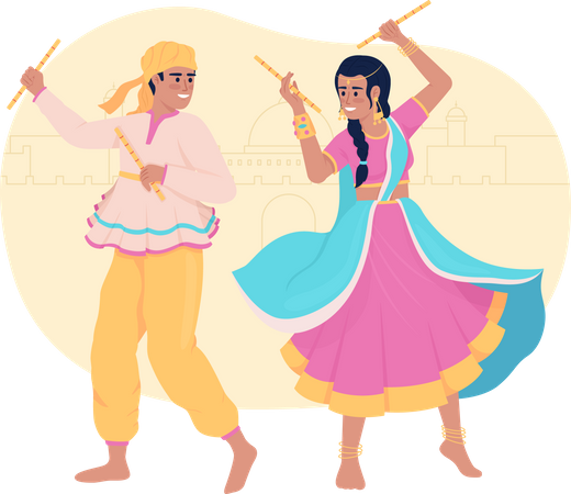 Paar führt indischen Tanz mit Stöcken auf  Illustration