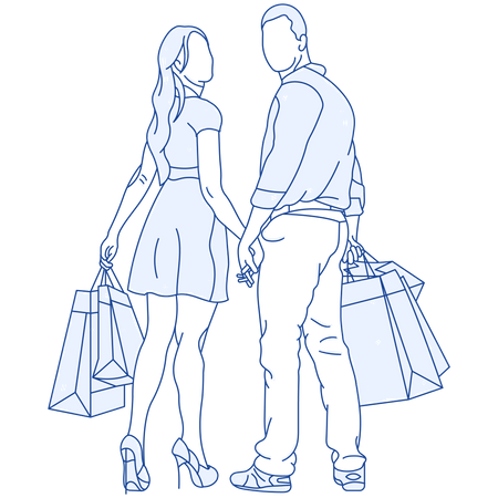 Paar geht mit Einkaufstüten spazieren  Illustration