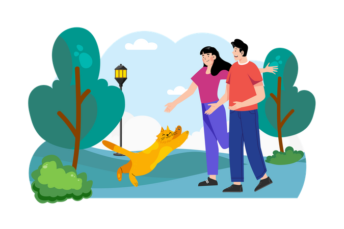 Paar geht mit Katze im Park spazieren  Illustration