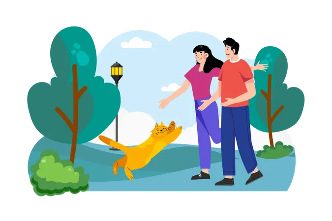 Paar geht mit Katze im Park spazieren  Illustration