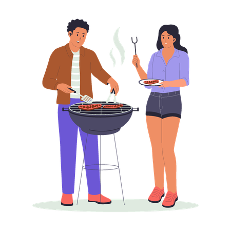 Paar genießt Grillen im Freien  Illustration