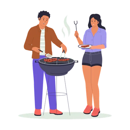 Paar genießt Grillen im Freien  Illustration