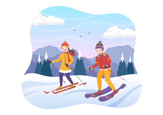 Paar genießt Skifahren  Illustration