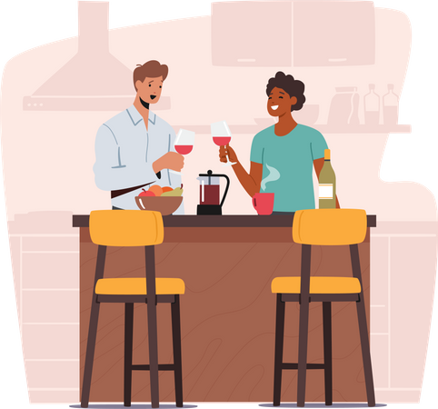 Paar hält Weingläser in den Händen und steht mit Früchten am Küchentisch  Illustration